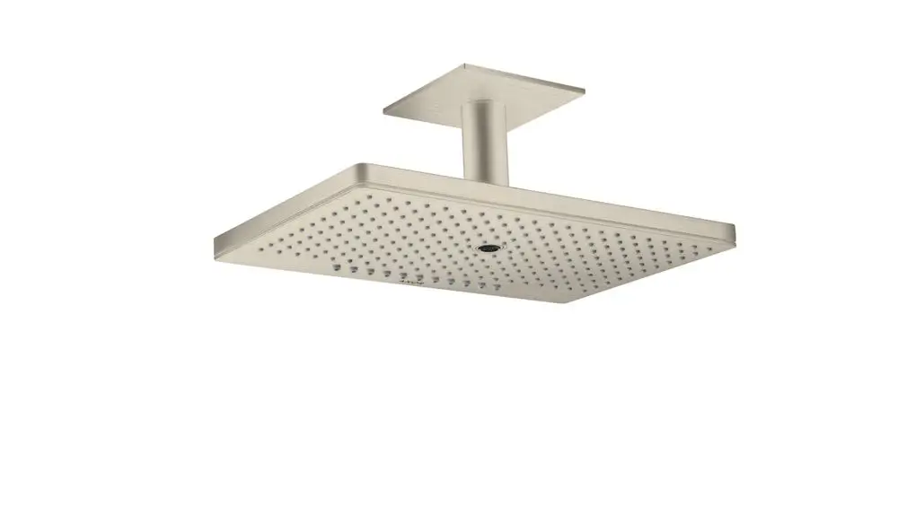 Kopfbrause in brushed nickel mit quadratischem Design und Deckenanschluss, zeigt die Wasserstrahlen der AXOR Technologie in einem modernen Badezimmer.